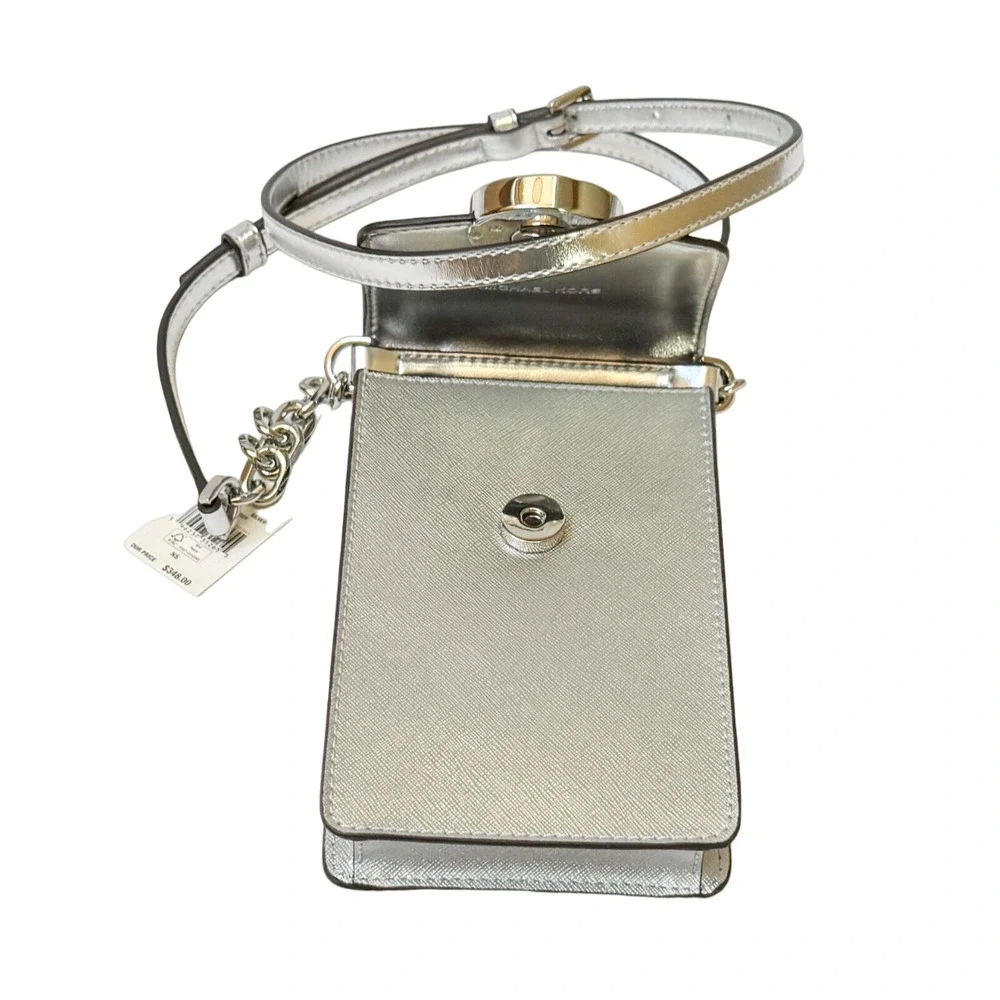 Michael Kors Carmen Small Logo Smartphone Crossbody Bag Silver $348 Nwt